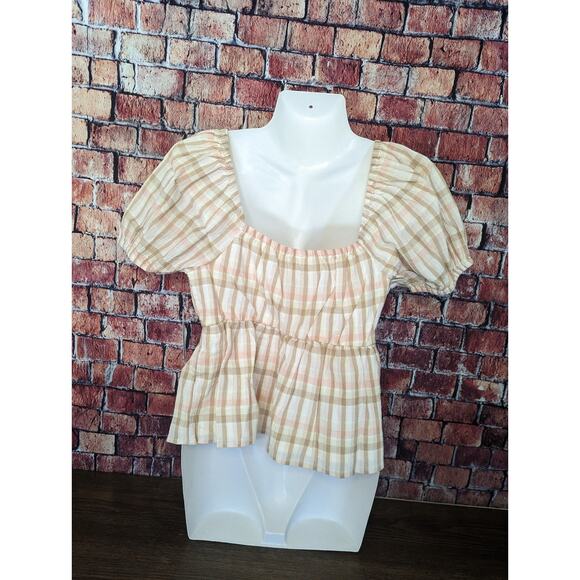 NWT BP. Pink Beige Park Plaid Short Puff Sleeve Babydoll size s - Picture 6 of 7